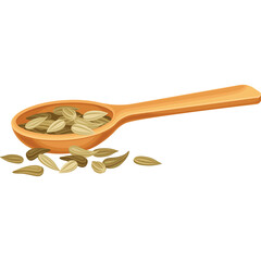 Wooden Spoon Filled with Fennel Seeds Scattered on a Transparent Background