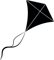 Black Silhouette of Traditional Flying Kite with Curved Tail and Cross Frame