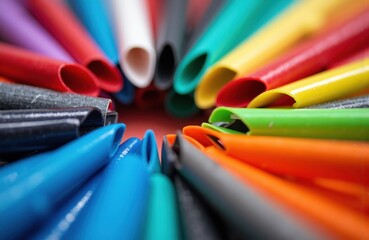 Obraz premium Colorful plastic straws arranged in a circular pattern creating a vibrant and lively visual effect