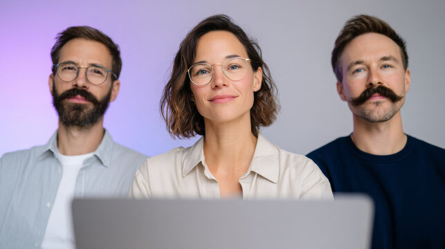 Portrait of confident young professionals with glasses posing together in front of laptop against gradient background