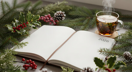 Cozy winter scene with a 2022 planner for New Year's resolutions, a cup of steaming herbal tea, and festive evergreen decorations