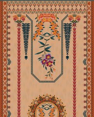 Ornamental Floral Textile Design with Cascading Blooms on Beige Background