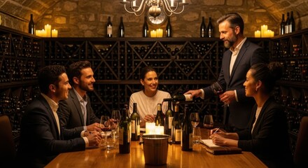 Sommelier pouring red wine for people at a luxury dinner party. Friends or business colleagues at a wine tasting event in an exclusive restaurant cellar with candlelight.