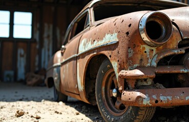 Fototapeta premium A rusty vintage car parked inside an old barn with natural light streaming through windows