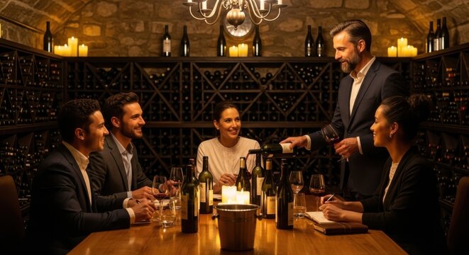 Sommelier pouring red wine for people at a luxury dinner party. Friends or business colleagues at a wine tasting event in an exclusive restaurant cellar with candlelight.