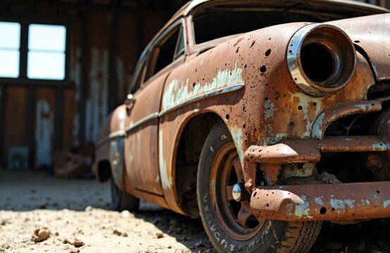A rusty vintage car parked inside an old barn with natural light streaming through windows