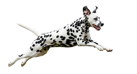 A dalmatian dog mid leap with its body stretched out against a solid black background in a studio shot