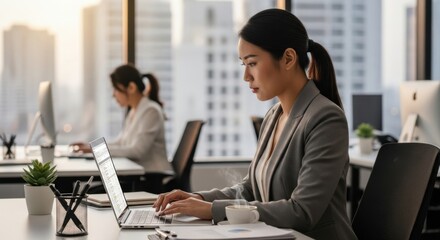 Young Asian businesswoman working on a laptop in a modern office. Focused female professional analyzing data on her computer in a corporate setting with a city view background.