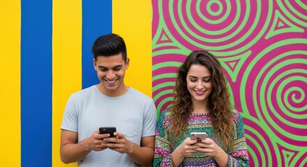 Happy young couple using smartphones on a colorful background. Man and woman smiling while browsing social media. Modern communication, technology and relationships concept.