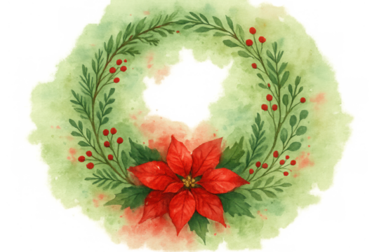 Festive watercolor christmas wreath with red poinsettia, green leaves, and berries, celebrating winter holidays with transparent background