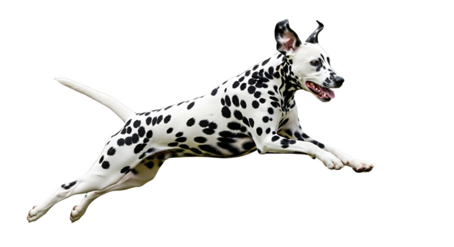 A dalmatian dog mid leap with its body stretched out against a solid black background in a studio shot