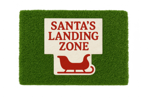 Green grass mat featuring a cream-colored sign with santa's landing zone text and a red sleigh symbol. Transparent background