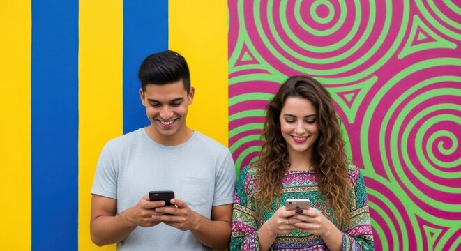 Happy young couple using smartphones on a colorful background. Man and woman smiling while browsing social media. Modern communication, technology and relationships concept.