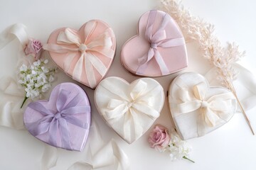 Romantic pastel flat lay featuring heart-shaped boxes in blush and lavender tones.