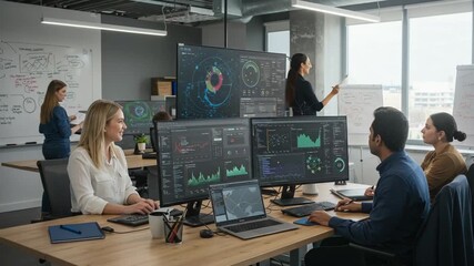 Team collaborating in modern office with data analysis - Powered by Adobe