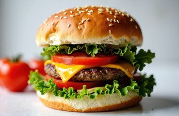 Juicy cheeseburger with fresh vegetables and sesame seed bun on white background