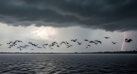 Tempest Flight – Migratory Birds in Heavy Rain