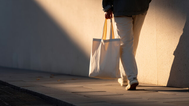 Person walking along a sunlit urban sidewalk carrying a reusable canvas tote bag with shadow and light contrast