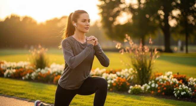 Fit woman doing lunge exercise in park at sunrise. Active healthy lifestyle concept. Young female athlete training outdoors, listening to music with wireless earbuds. Morning workout.