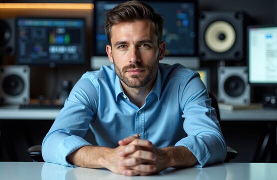 A confident man with a serious expression sits at a desk in a professional recording studio