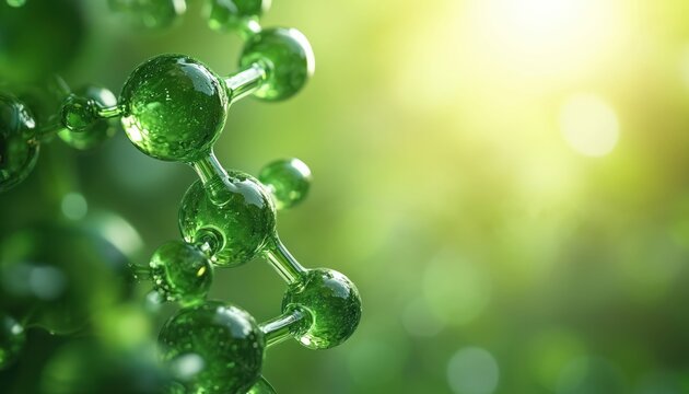 Close up of green molecule structure over bright background. Abstract 3D render of molecular structure. Represents concepts like science research, eco friendly innovation, sustainable solutions,