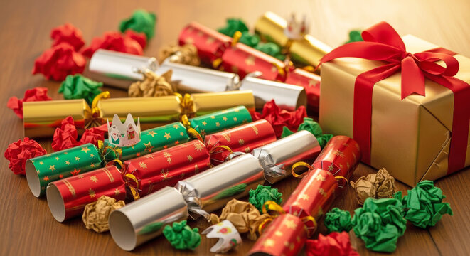 Festive Christmas crackers and wrapped gift box on wooden surface