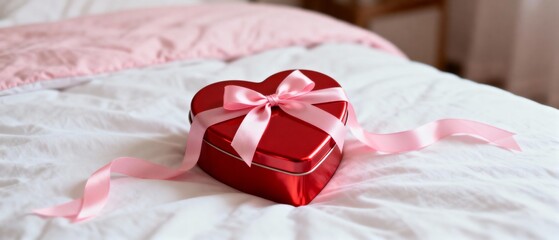 Red heart-shaped gift box with pink ribbon on white bedspread  