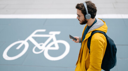 Young man wearing yellow jacket and headphones walking near bicycle lane symbol while using smartphone outdoors