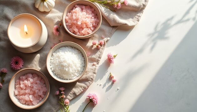Relaxing spa setup with lit candle, pink and white bath salts in bowls, delicate flowers, and a soft cloth. Serene atmosphere for self care.
