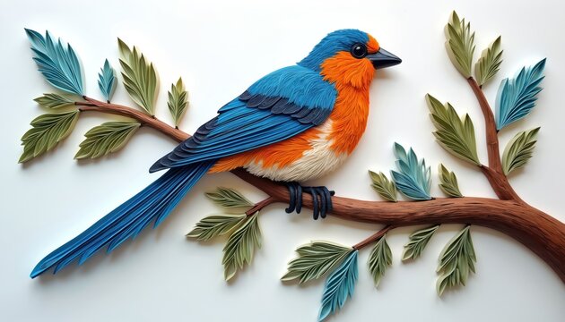 Detailed paper cut bird illustration on white background. Vibrant blue, orange plumage adorns delicate avian form perched on textured brown branch with green leaves. Intricate artwork meticulous