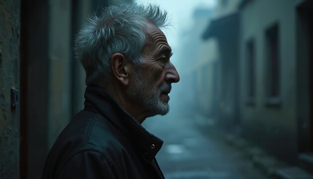 Mature man in profile portrait stands on old street. Grey haired male in contemplation. Solitary senior in the city. Concept of life journey deep thought.