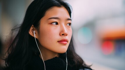 Asian teenager with headphones sitting at a bus stop, gazing thoughtfully into the distance, surrounded by a blurred urban environment, capturing a moment of reflection and anticipation