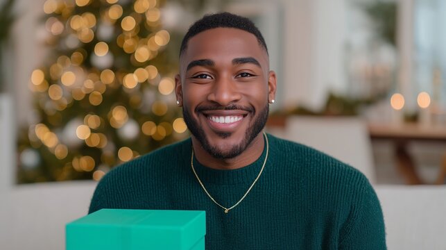 Smiling African American man in a cozy green sweater holds a gift box in a modern living room decorated for the holidays, creating a warm festive atmosphere - Powered by Adobe