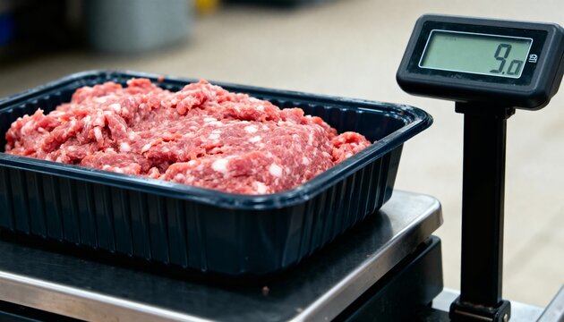 Close-up of fresh raw minced meat being weighed on a digital scale. Ground beef in a container at a butcher shop or market for sale