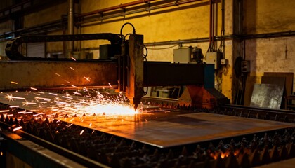Cnc plasma cutting machine slicing through a metal sheet in a factory. Industrial metal fabrication process with bright sparks. Automated metalworking technology