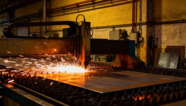 Cnc plasma cutting machine slicing through a metal sheet in a factory. Industrial metal fabrication process with bright sparks. Automated metalworking technology - Powered by Adobe