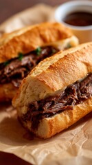 Side angle view of a delicious French dip sandwich cut in half, showcasing tender beef, fresh bread, and rich dipping sauce, perfect for food lovers and culinary enthusiasts