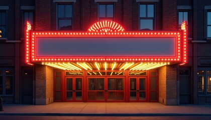 Empty theater marquee glows with red neon, yellow lights at night. Classic cinema entrance features red doors, a brick building facade. This urban scene is ready for event or movie title promotion.