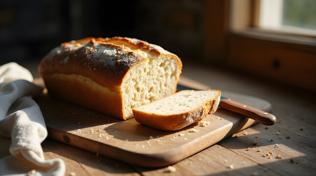  Homemade bread loaf on wooden cutting board near window