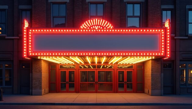 Empty theater marquee glows with red neon, yellow lights at night. Classic cinema entrance features red doors, a brick building facade. This urban scene is ready for event or movie title promotion.