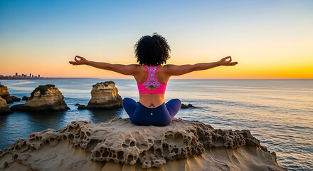Woman meditating on rock cliff overlooking ocean at sunset meditation yoga