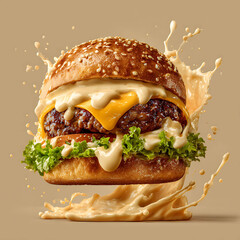 Burger with melted cheese mid-bite, dynamic sauce and lettuce splashes, soft neutral background