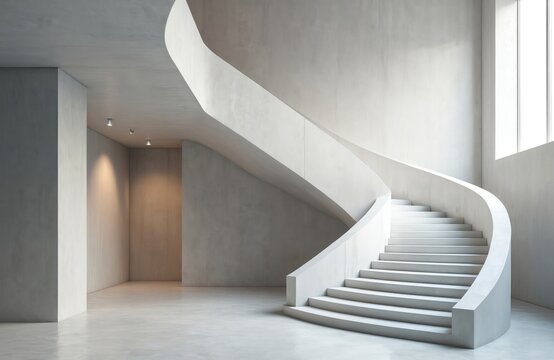 Minimalist white concrete spiral staircase ascends within modern building interior. Soft ambient light illuminates geometric steps, smooth walls. Clean design promotes serenity, architectural