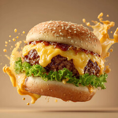 Burger with melted cheese mid-bite, dynamic sauce and lettuce splashes, soft neutral background