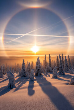 A rare atmospheric phenomenon Halo circular rainbow around the sun in snowy winter forest.