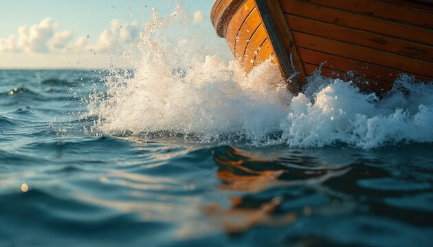 Wooden boat hull cuts through blue sea water, creating large white spray. Vessel moves fast on ocean waves under sunny sky, showing speed, power. Water splashes with droplets on dynamic surface with