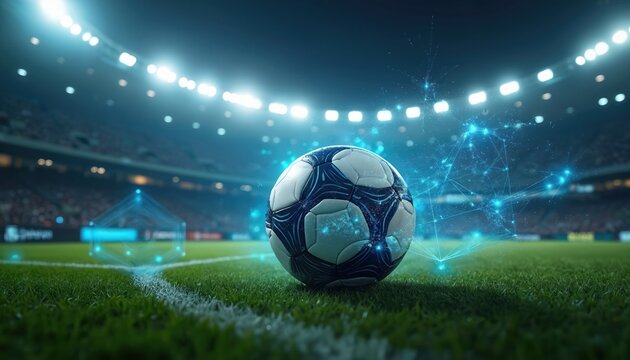 Soccer ball on stadium grass with digital data analysis network. Futuristic tech enhances football game with statistics visualization. Sports analytics concept for betting, big data, virtual reality,