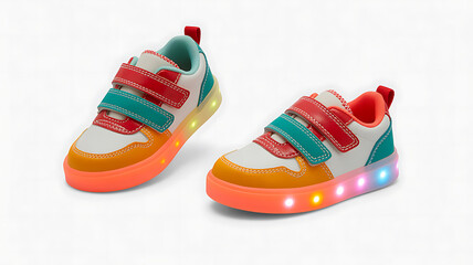 Brightly colored kids shoes with lights on a white background