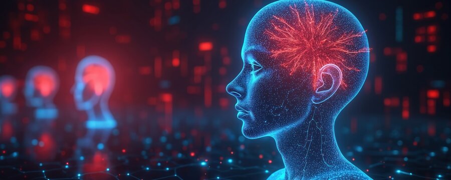 Blue digital human head with glowing red brain shows artificial intelligence concept. AI minds network with data connections in cyber space. Future tech innovation.