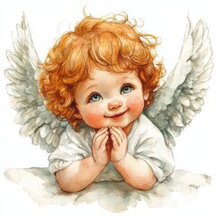 Fototapeta premium Christmas watercolor painting design of a child like angel with wings